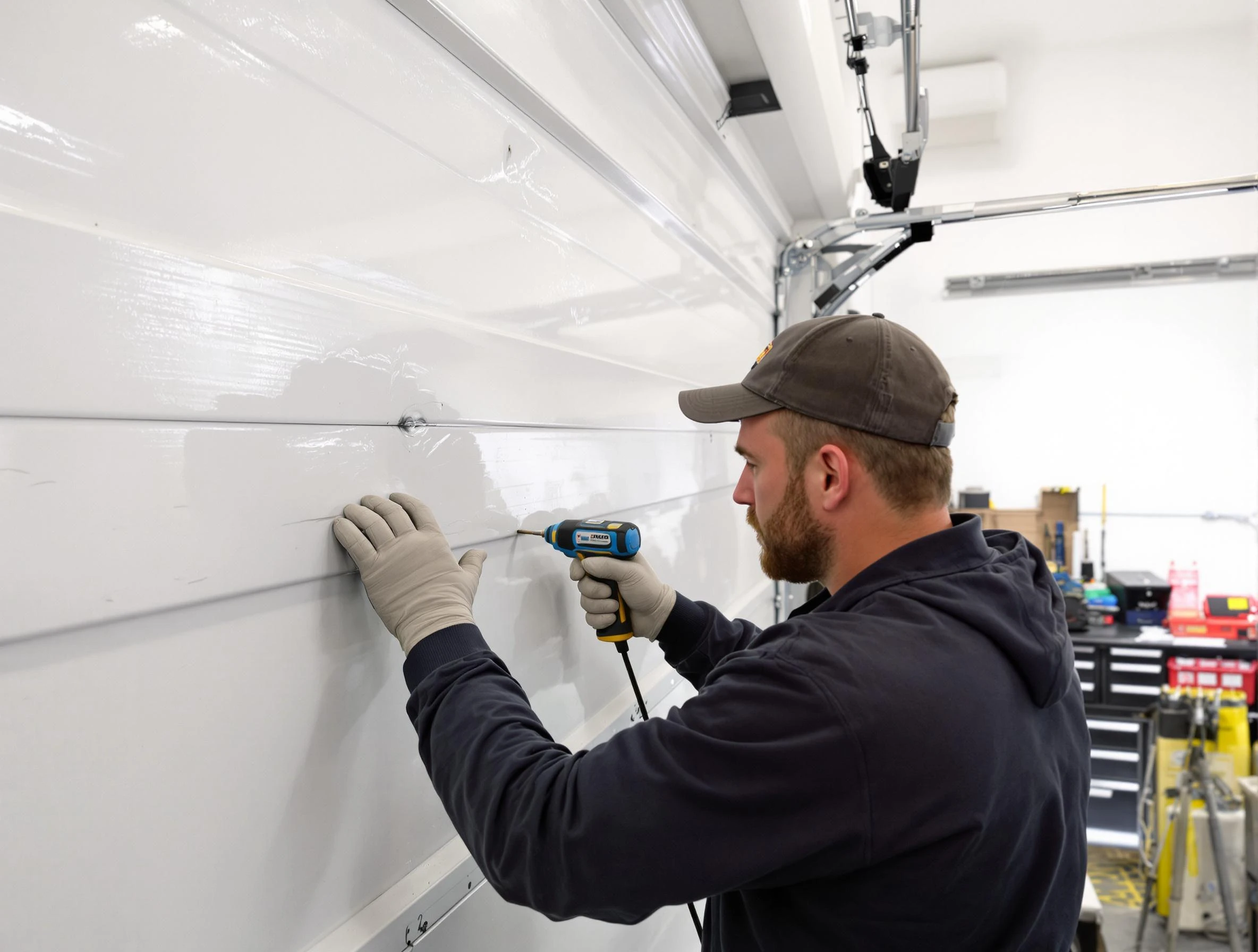 Hiram Garage Door Repair technician demonstrating precision dent removal techniques on a Hiram garage door